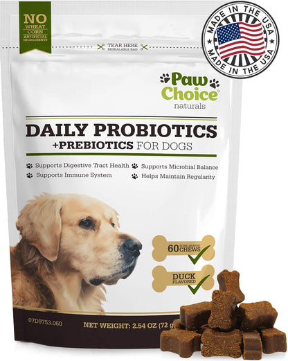 Paw Choice Probiotics for Dogs with Prebiotics - Daily Chews for Gut Health, Digestion, Regularity, and Immune Support - Natural Supplement Treat Made in USA