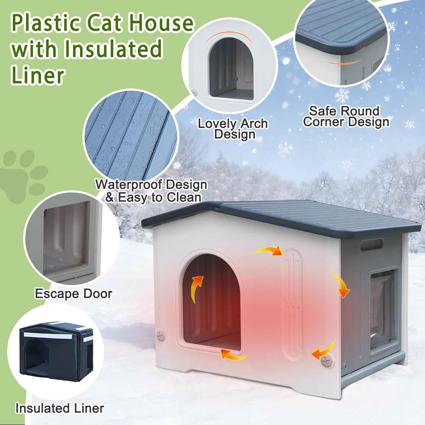 Outdoor Cat House with Insulated Liner, Weatherpoof Plastic Insulated Cats Houses with Escape Door Indoor Waterproof Feral/Pet Cat Shelter Outside for Puppy, Rabbit for Winter