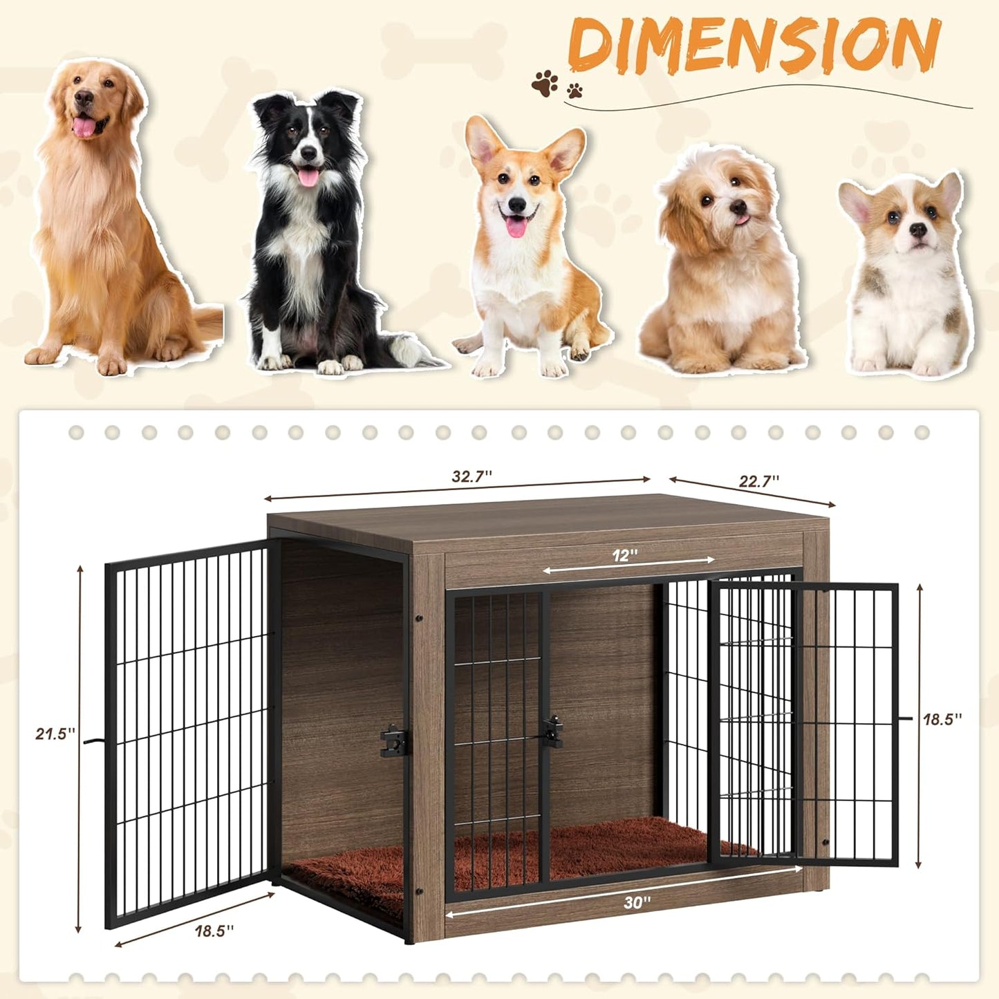 Greesum Modern Dog Crate Furniture That Doubles as a Side Table - Sturdy Wooden Kennel with Front & Side Door Access, Plush Cushion & Chew-Resistant Design for All Dog Sizes