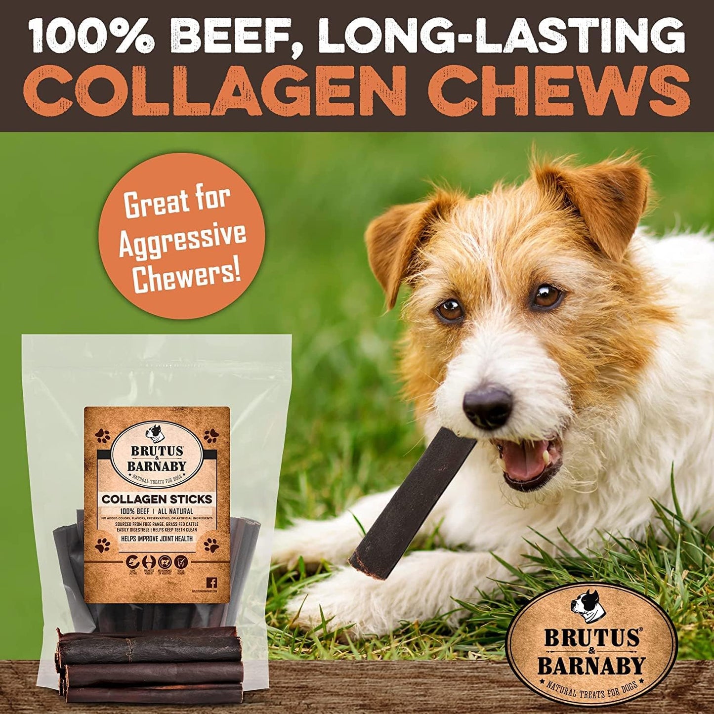 BRUTUS & BARNABY Beef Collagen Sticks for Dogs-Great Long Lasting Chew for All Dog Breeds-Odor Free, With Naturally Occurring Glucosamine &Chondroitin for Joint Health-Great for Any Dog Size(25 Count)