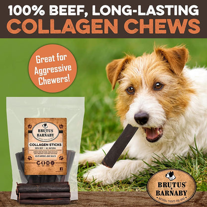 BRUTUS & BARNABY Beef Collagen Sticks for Dogs-Great Long Lasting Chew for All Dog Breeds-Odor Free, With Naturally Occurring Glucosamine &Chondroitin for Joint Health-Great for Any Dog Size(25 Count)