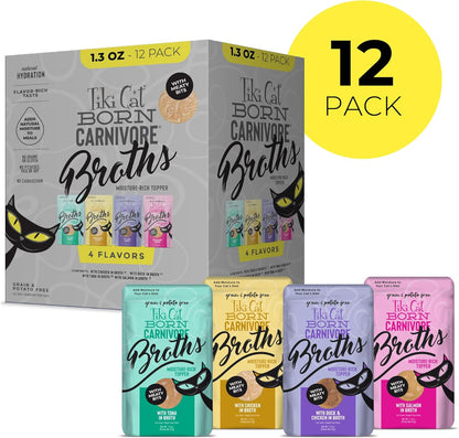 Tiki Cat Born Carnivore Broths Variety Pack, Meaty Bites, Hydration and Flavor Supplement Wet Cat Food Topper, 1.3 oz. Pouch (Pack of 12)