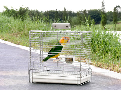 Bird Carrier Travel Cage - 304 Stainless Steel Portable Folding Bird Travel Cage with Parrot Feeder Cups & Standing Perch for Smaller Birds Conures Lovebird Cockatiel Parakeets (White)