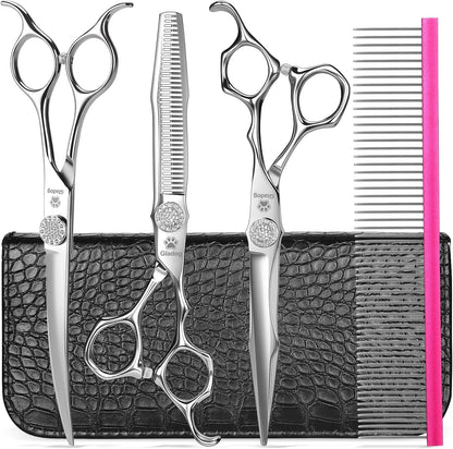 GLADOG Luxury Dog Grooming Scissors Set - 7" Straight, 6.5" Thinning, 7" Curved Dog Shears for Grooming - 9CR Steel, Professional Grooming Kit for Dogs