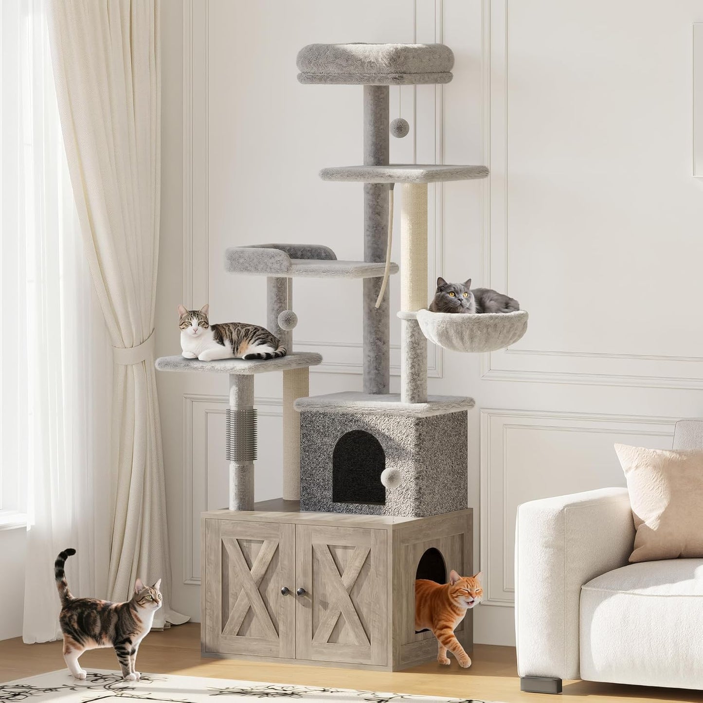 Cat Tree with Litter Box Enclosure Large, Multilevel Cat Play House with Large Condo, Spacious Hammock, Cozy Top Perch,Scratching Post and Dangling Balls