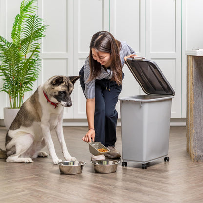 IRIS USA Dog Food Storage Container with Wheels, Airtight Lid, 2-Cup Scoop, Up to 40 Pounds Pet Food Storage, Built in Scoop Storage in Lid, Versatile Pet Food Bin, Portable, BPA Free, Gray/Dark Gray