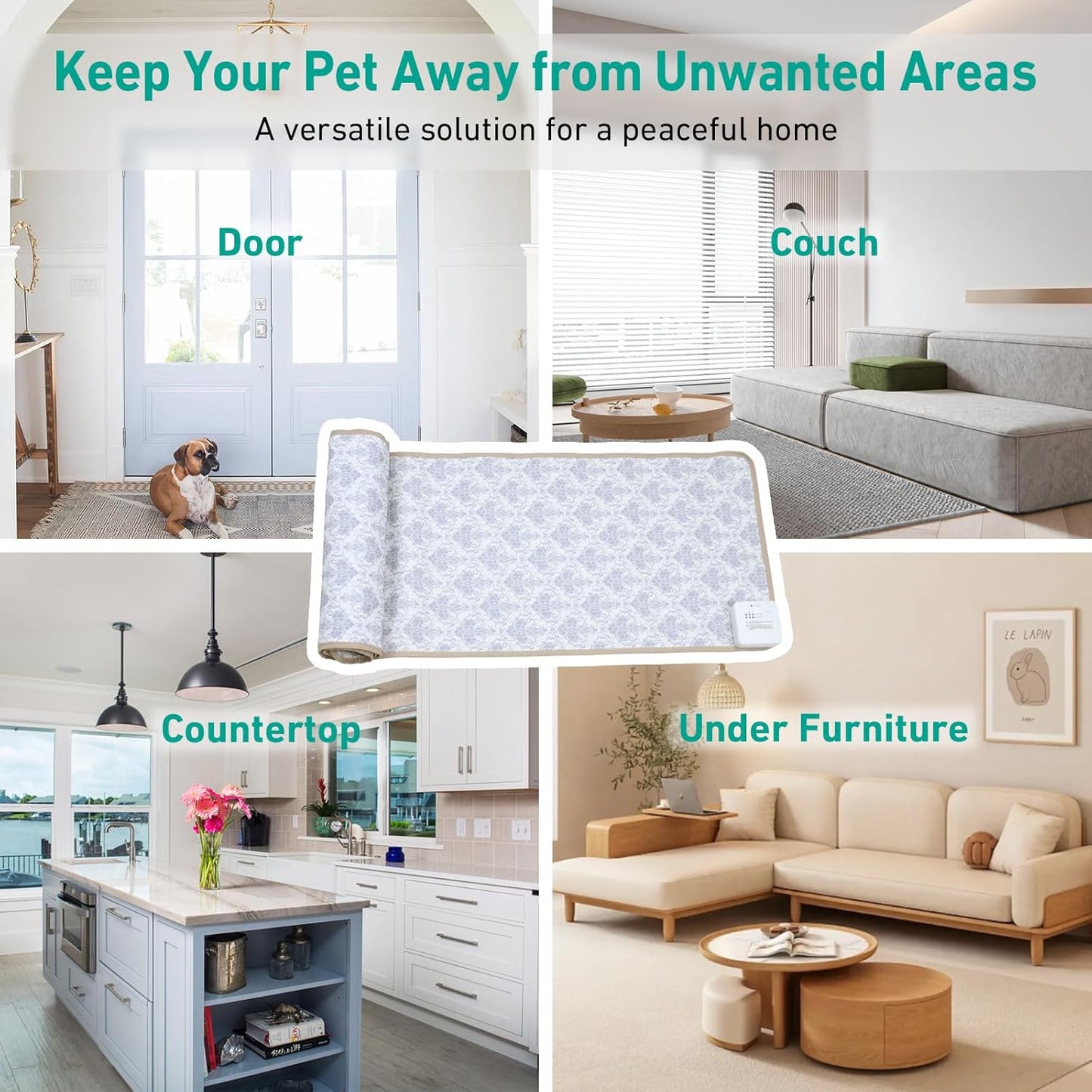 DOGNESS Rechargeable Pet Shock Mat, 59"x15" Safe Cat Repellent Mat Electronic Training Pads Keep Dogs and Cats Off Couch, Bed, Indoor Cat Deterrent Mat (Elegant Printing)