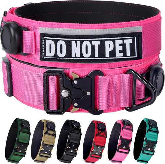 AirTag Dog Collar, 2" Wide Tactical Military Dog Collar with AirTag Holder & 3 Pet Patches, Soft Padded Reflective Waterproof Nylon Collar with Metal Buckle for Medium Dogs (Hot Pink, M)