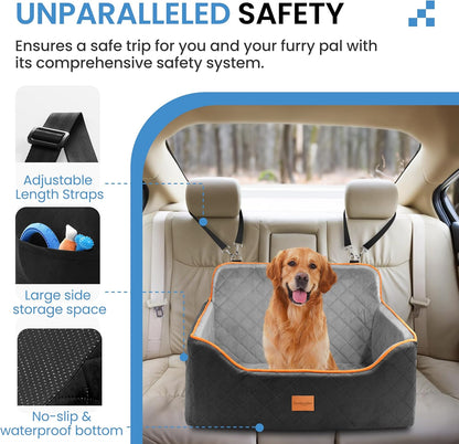 Dog Car Seat for Medium Dogs - Pet Car Seat with 2 Safety Straps & Waterproof Padding, Portable Pet Carrier for Cars, Trucks & SUVs, Comfortable Booster Bed for Pets Up to 55lbs (Black/Grey)