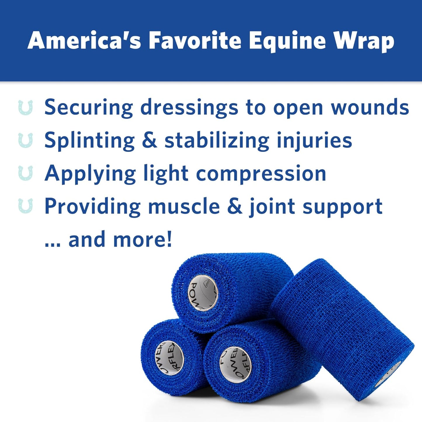 PowerFlex Equine – Extra Strong Self-Adhering Bandage Wrap – Wound Care, Compression & Support Bandage for Horses, Cows & Dogs – Blue, 4 inch, 4 Rolls (Resealable Case)