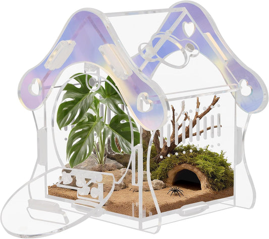 Magnetic Acrylic Jumping Spider Enclosure with Mushroom House, Easy-Feed Hole & Front Opening – Terrarium for Tarantula, Mantis, Beetle, Gecko, Hermit Crab, Reptile Habitat