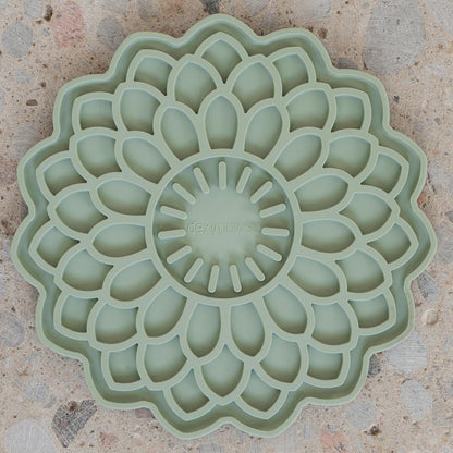 Enrichment Lick Mat: Sage Green Blooming Blossom - Grooved Silicone Dog Feeding Dish, Spread On Food Or Treats, Pet Soothing, Suction Back