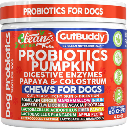 Gut Health Probiotics for Dogs + Pumpkin Colostrum Digestive Enzymes Ginger Slippery Elm Licorice Inulin Fiber Soft Chews Dog Probiotic Beef Flavor Digestion Supplement Treat Bites Large & Small Pets