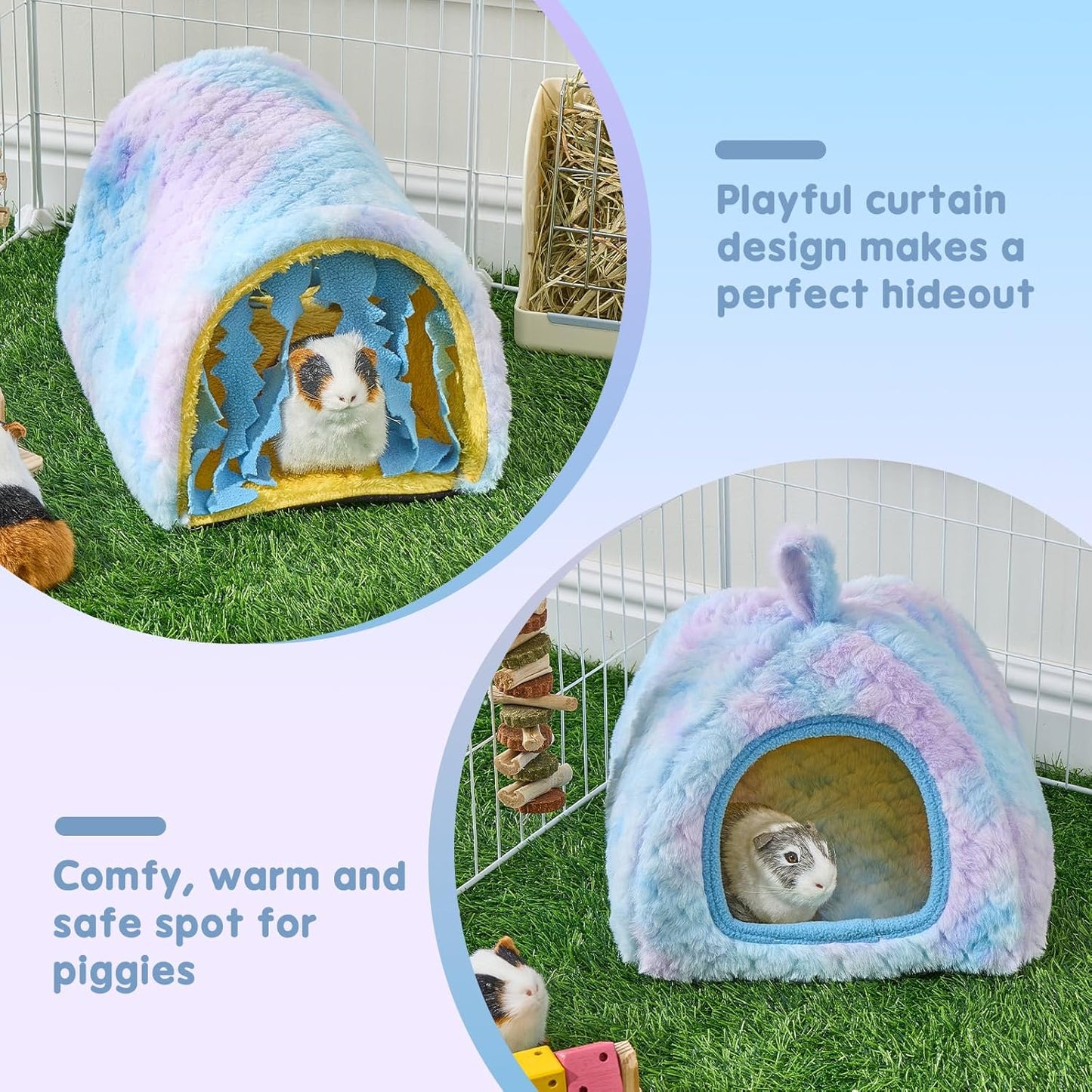 Avont 2 Pack Guinea Pig Hideout Bed and Tunnel Toys Set with Curtain, Washable Soft Plush Bunny Hideaway House Tube Cage Accessories for Small Animal Pet, Rabbits Chinchilla Hamster Ferret Rat -Blue