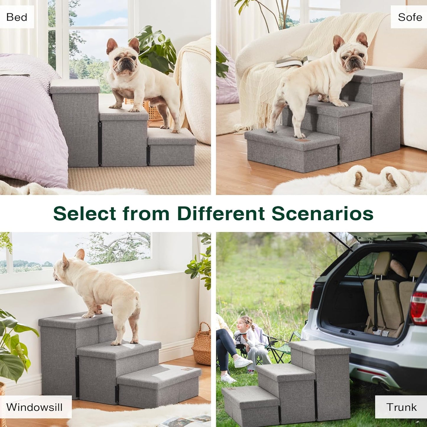 Love's cabin Dog Stairs for High Bed 18"H,Foldable Pet Stairs for Small Medium or Large Dogs Puppy with Storage for Bed or Couch, Cat Dog Steps Ramp with Zip up to 200 lbs(Solid Grey,3 Steps no Condo)