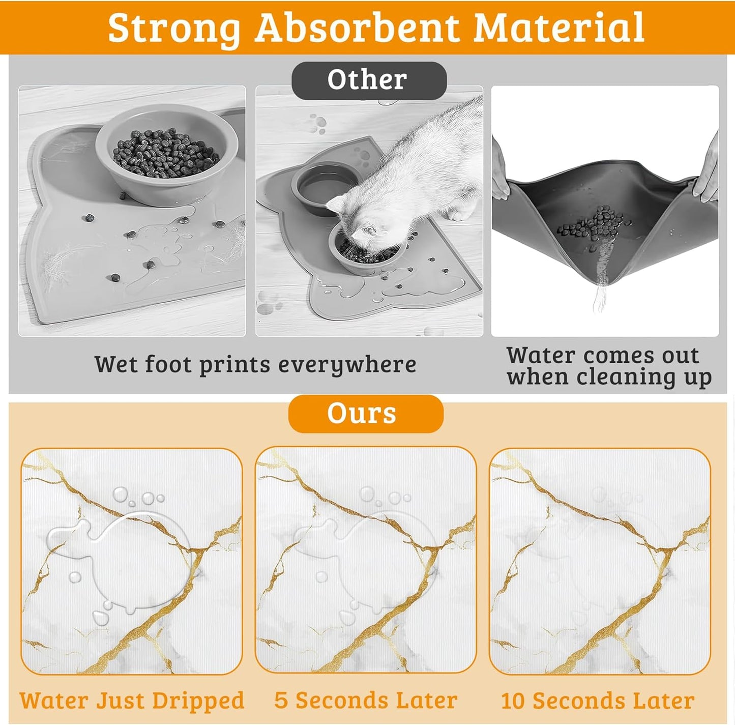 Abstract Marble Dog Food Mat,White Gold Absorbent Pet Feeding Mat for Food and Water Bowl,Quick Dry Dog Placemat Non Slip Rubber Backing Waterproof Pet Supplies 16" x 24"