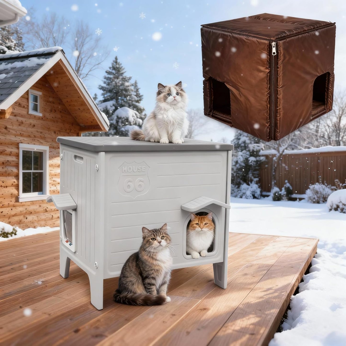 Weatherproof Outdoor Cat House with Insulated Liner for Feral Cat, Plastic Elevated Cat Shelter with Escape Door, Easy Assemble, Expansive Interior‌ Grey 27.0" L x 27.0" W x 21.0" H
