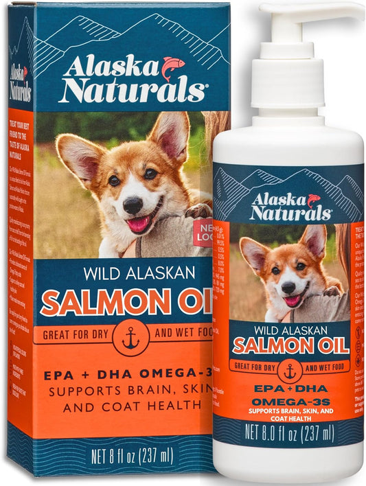 Alaska Naturals Wild Alaskan Salmon Fish Oil Supplement for Dogs Skin and Coat with EPA DHA Omega 3 Fatty Acids Liquid Food Topper 8 oz. Pump