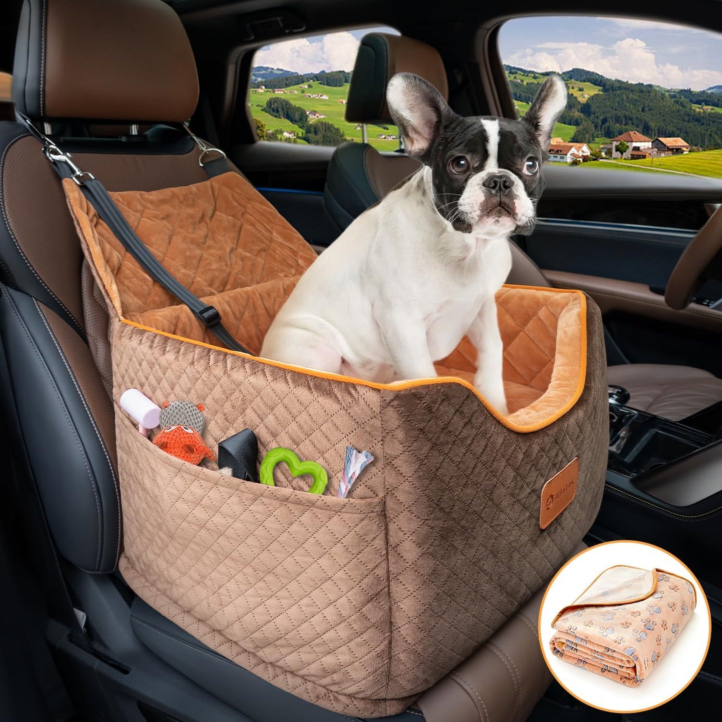 Memory Foam Booster Dog Car Seat with Washable Removable Cover, Elevated Pet Car Seat, Anti-Slip Sturdy Booster Seats for Small Dogs 35lbs, Seat Belt, Storage Pocket, Dog Blankets