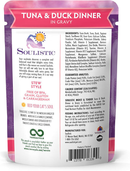 Soulistic Moist and Tender, Tuna and Duck Dinner in Gravy, 3oz Pouch, Pack of 8