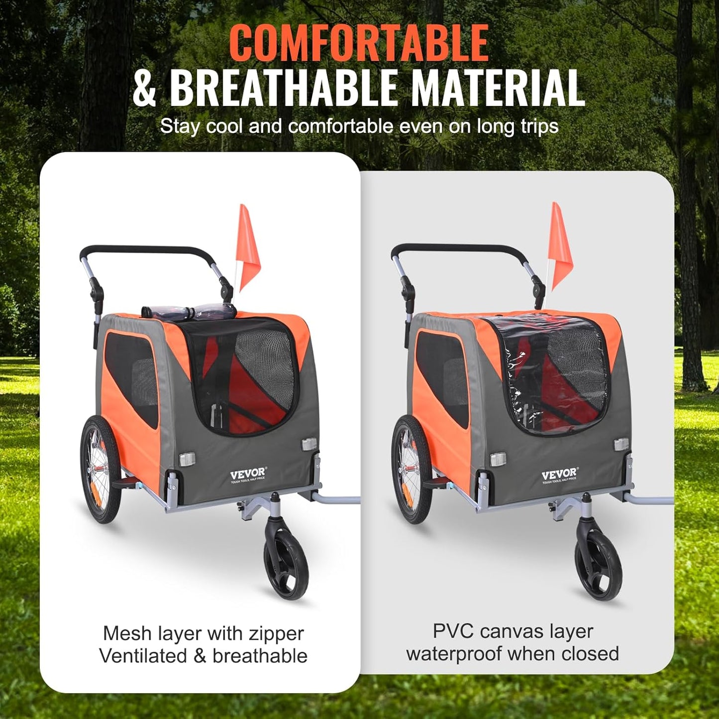 VEVOR Dog Bike Trailer, Supports up to 66/88/100 lbs, 2-in-1 Pet Stroller Cart Bicycle Carrier, Easy Folding Cart Frame with Quick Release Wheels, Universal Bicycle Coupler, Reflectors, Flag