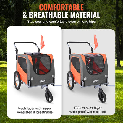 VEVOR Dog Bike Trailer, Supports up to 66/88/100 lbs, 2-in-1 Pet Stroller Cart Bicycle Carrier, Easy Folding Cart Frame with Quick Release Wheels, Universal Bicycle Coupler, Reflectors, Flag