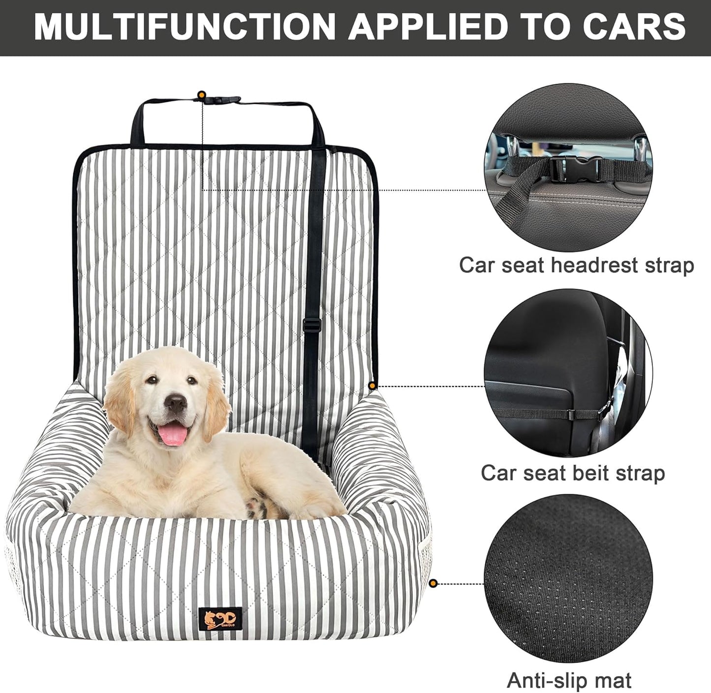 Dog Car Seat for Small and Medium Dogs, Booster Seat Sofa Pet Bed, Portable Car Travel Carrier Bed (Stripes,M)