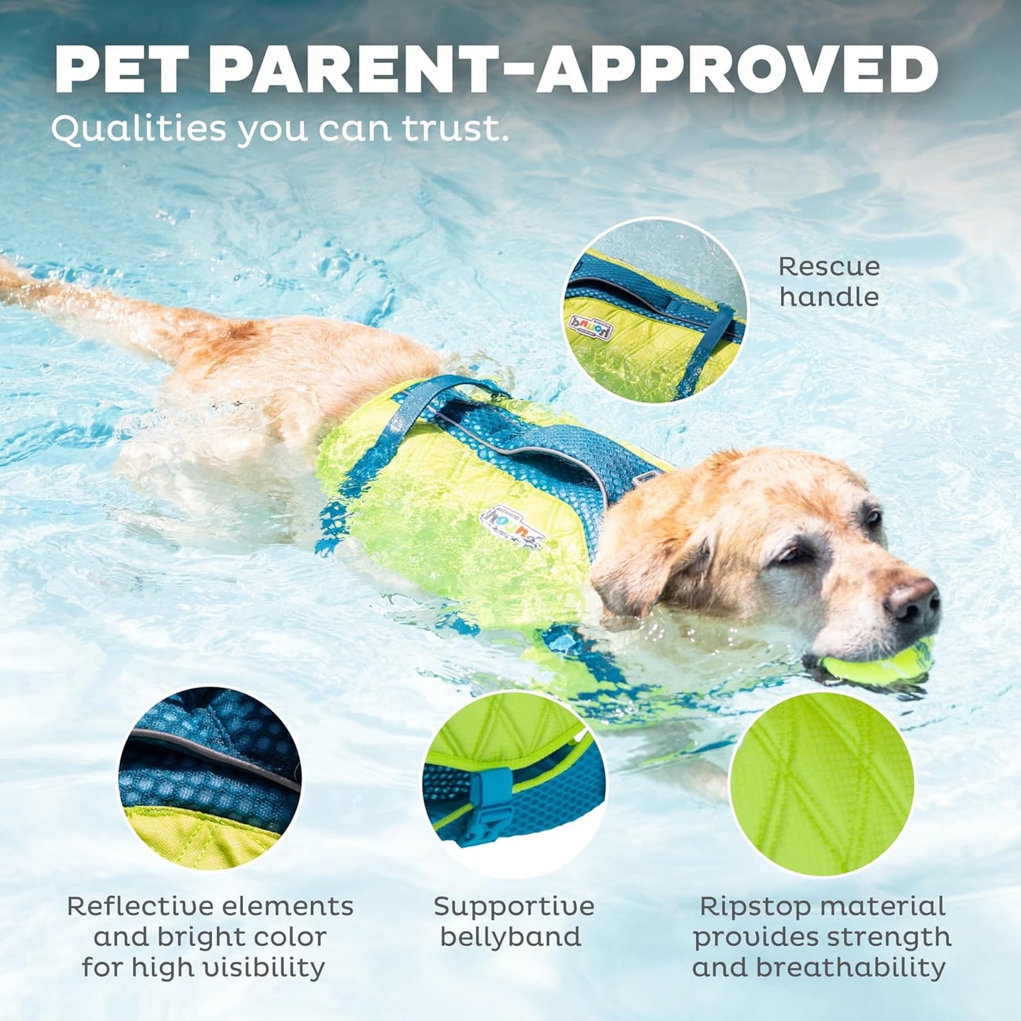 Outward Hound Standley Sport Dog Life Jacket, High-Performance Ripstop Dog Life Vest for Swimming, Boating, and Water Safety, Large, Green