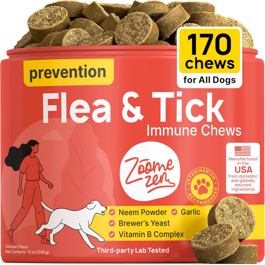 Flea and Tick Prevention for Dogs Chewable – Natural Flea Pills for Dogs, All Breeds & Ages, Chicken Flavor – Dog Flea and Tick Treatment Chewable Supplement – 1 Pack, 170 Count, Made in USA