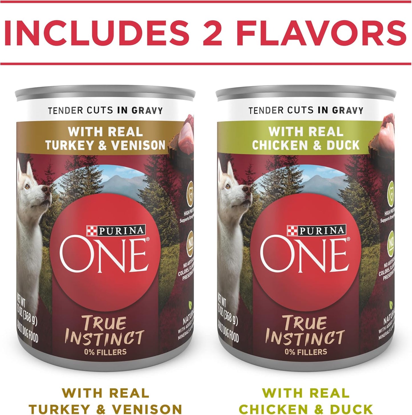 Purina ONE True Instinct Tender Cuts in Gravy With Real Turkey and Venison, and With Real Chicken and Duck High Protein Wet Dog Food Variety Pack - (Pack of 12) 13 oz. Cans