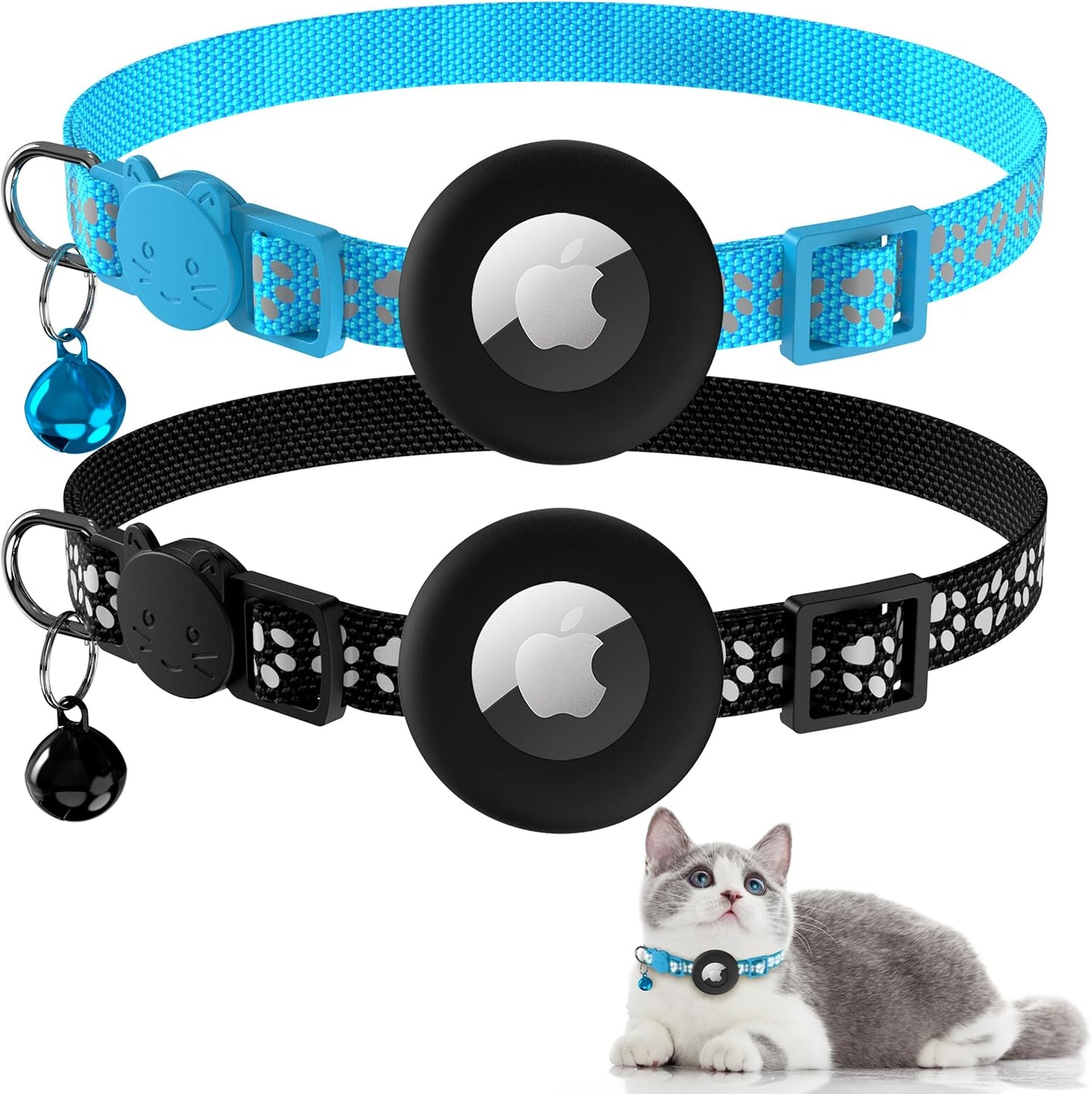 Vanjua 2 Pack Airtag Cat Collar Breakaway with Bell, Reflective Kitten Collar with Air Tag Cat Collar Holder Case for Girl Boy Cats, Pet Supplies Accessories (Black B+Blue B)