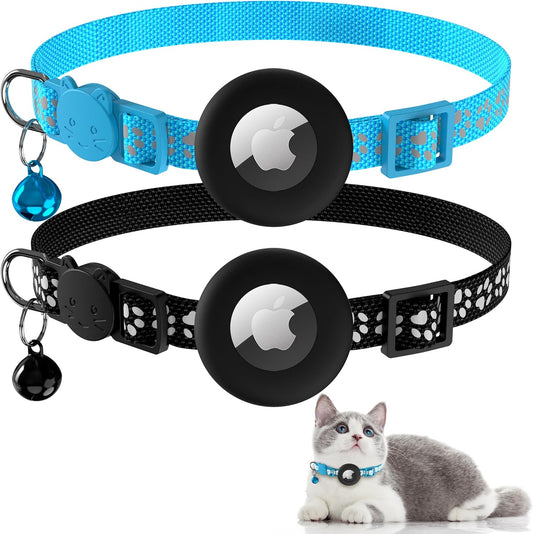 Vanjua 2 Pack Airtag Cat Collar Breakaway with Bell, Reflective Kitten Collar with Air Tag Cat Collar Holder Case for Girl Boy Cats, Pet Supplies Accessories (Black B+Blue B)