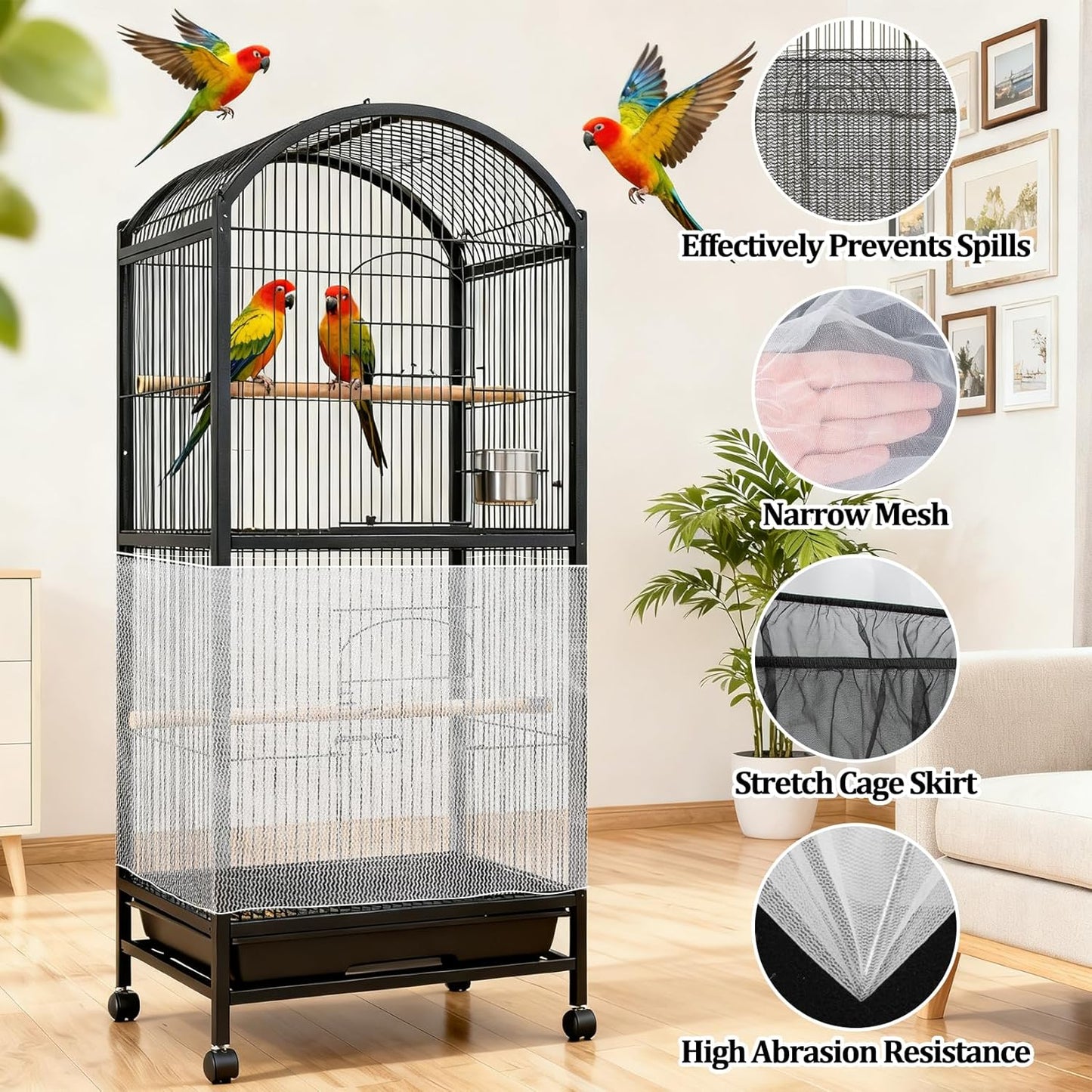 2 Pcs Bird Cage Cover - Bird Cage Seed Catcher Bird Net Bird Cage Skirt Nylon Nesh Bird Cage Net for Round Square Canary Parakeet Cockatiel Pigeon Budgie Quail Large Tall Big Bird Cage