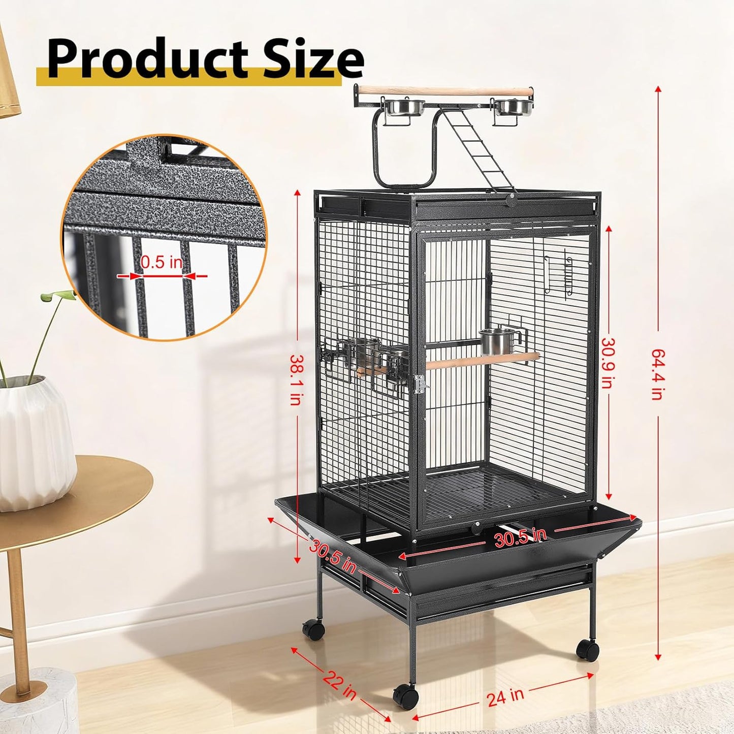 65 Inch Playtop Wrought Iron Large Parrot Bird Cages with Rolling Stand,4 Stainless Steel Bowls,Slide-Out Tray for Cockatiels Quaker Conure Parakeet Lovebird Finch Canary Small Medium Parrot Cage
