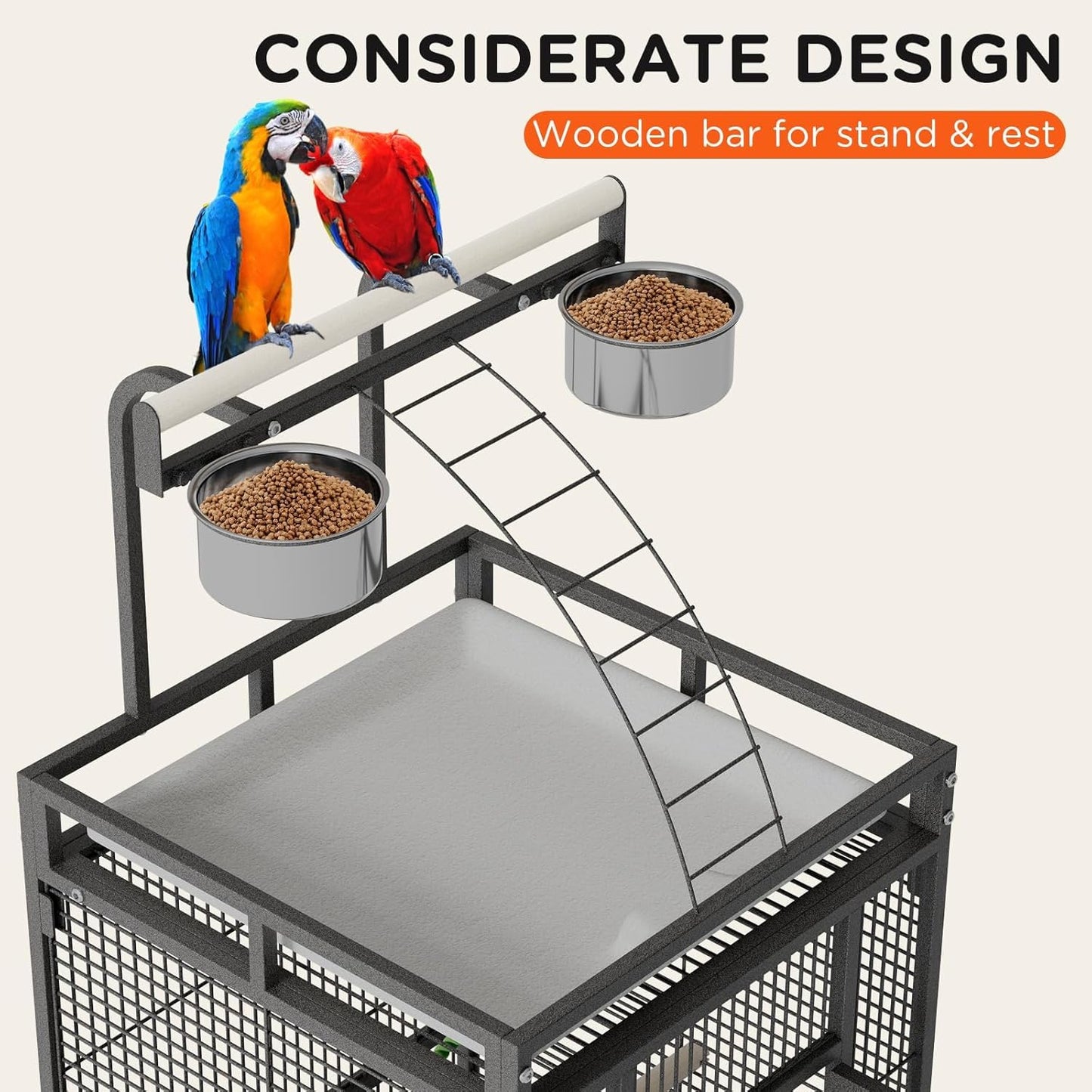 60 Inch Playtop Wrought Iron Large Parrot Bird Cages with Rolling Stand,4 Stainless Steel Bowls,Slide-Out Tray for Cockatiels Quaker Conure Parakeet Lovebird Finch Canary Small Medium Parrot Cage
