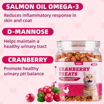 Wellix 13.05 oz Urinary Tract Health Cat Treats for Indoor Cats - Cranberry&D-Mannose for UT,Kidney,Bladder Support - Chicken Formula Crunchy Kitten Training Snacks Chews