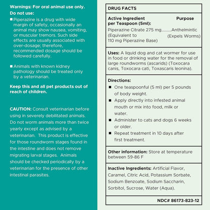 Dog and Cat Dewormer - 12 oz Wormer Liquid to Paralyze and Expel Roundworms - Kitten and Puppy Dewormer
