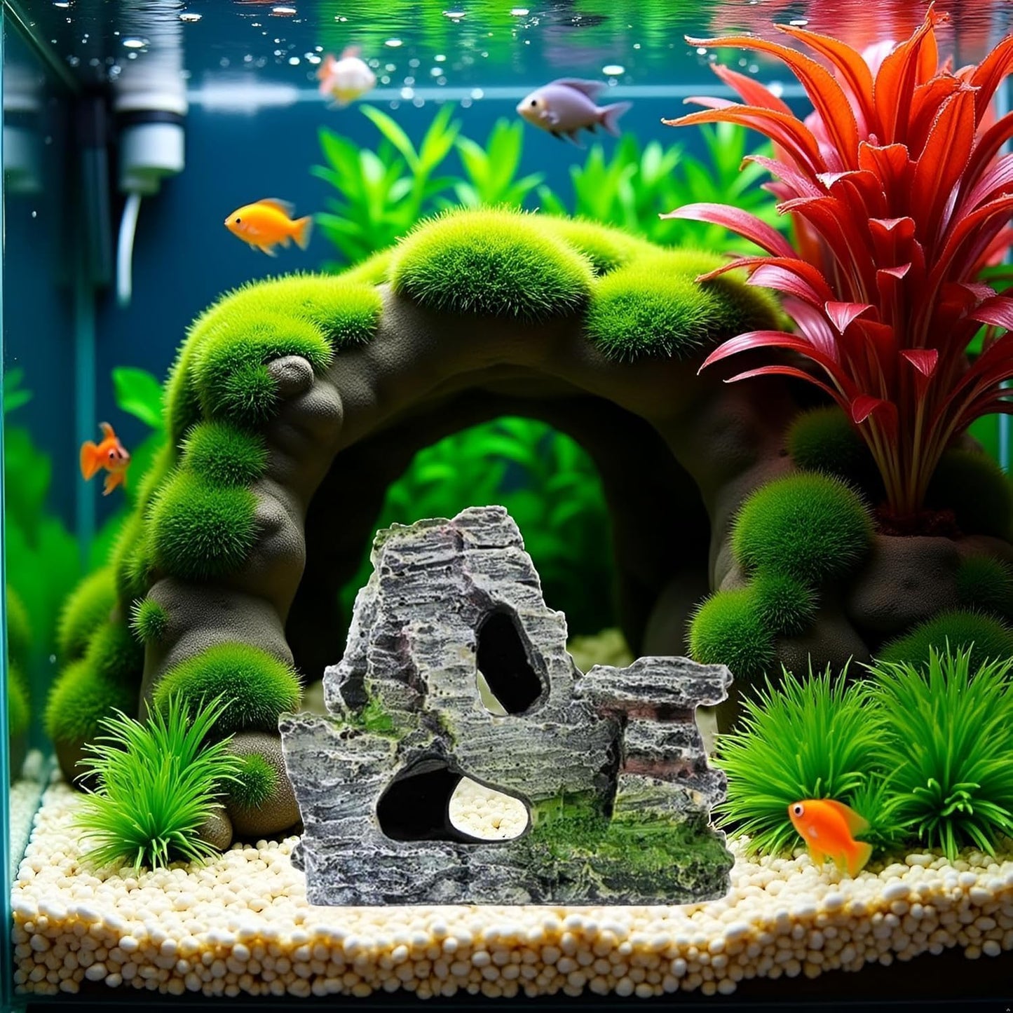 Resin Aquarium Mountain Decor with Moss Rock Cave - Multi-Level Terrain for Fish Tank Landscaping, Natural-Looking Rockery Design with Hidden Cave and Crevices for Shrimp, Reptile Habitat