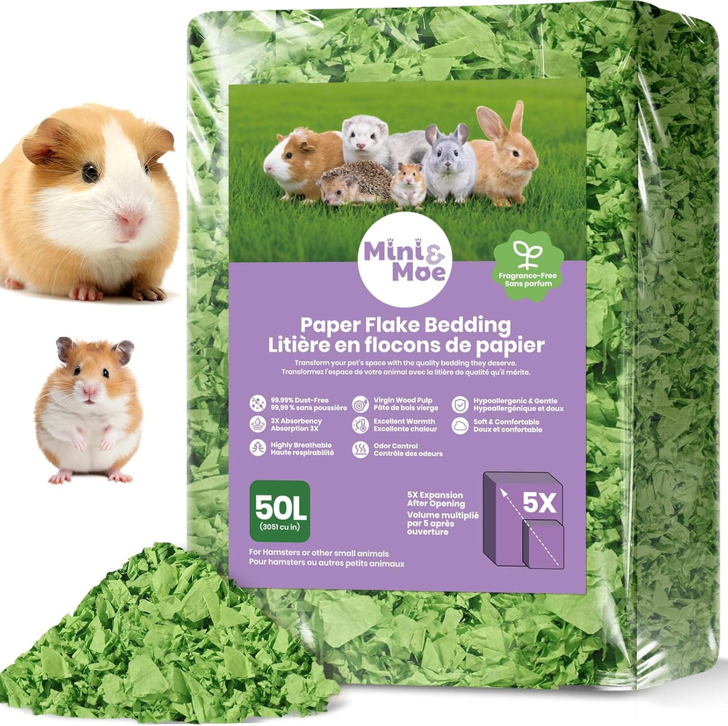 mini&moe Hamster Bedding 50L: Dust-Free and Odor Control Moisture Absorbent Natural Paper Small Pet Bedding - for Guinea Pigs, Hamsters, Chinchilla,Rabbits,Rat,Ferret, and Gerbil, 50 Liters