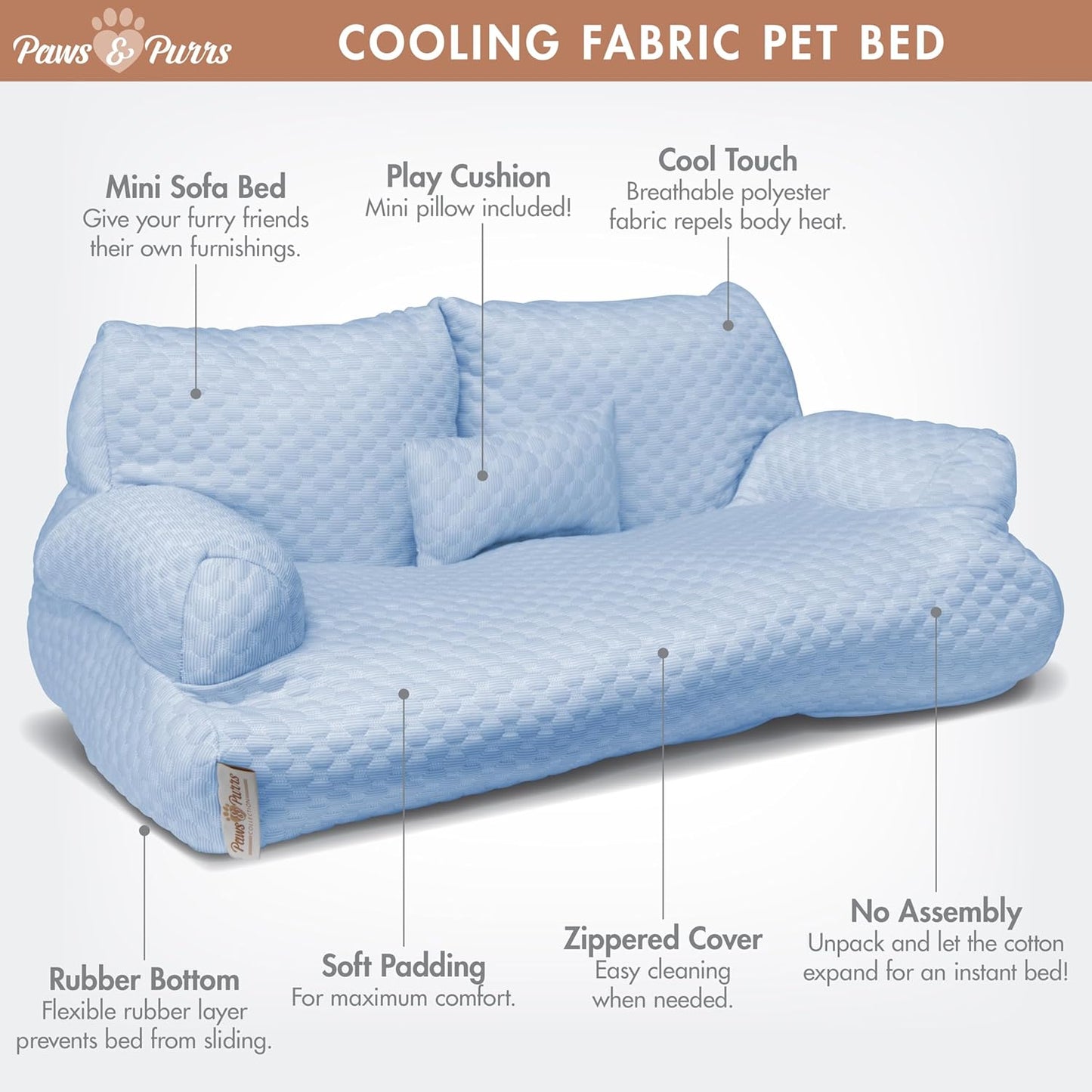 Paws & Purrs Cooling Pet Sofa Bed for Small Dogs or Cats, Breathable Fabric, Supportive Bolsters, Removable Washable Cover, Non-Slip Base, Sofa Pet Lounger Includes Mini Play Cushion, Blue