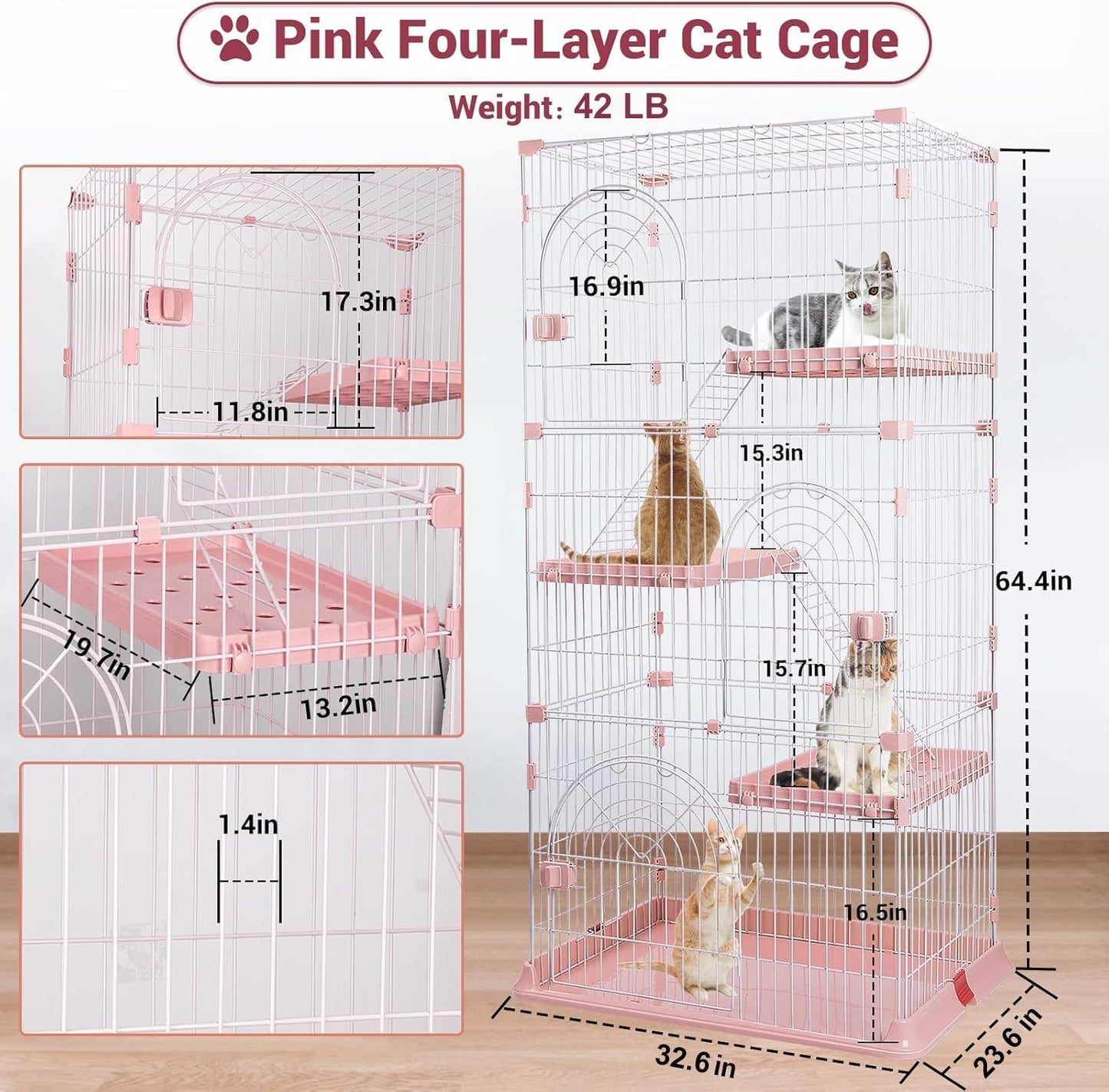 4-Tier Wire Cat Cage Playpen Kennel, 64 Inch Cat Catios Large Space for 1-3 Cats, Pink Cat Crate with 3 Platforms 3 Front Doors 2 Ramp Ladders (Large - 64.4" H x 32.6" L x 23.6" W)
