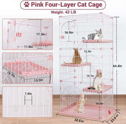4-Tier Wire Cat Cage Playpen Kennel, 64 Inch Cat Catios Large Space for 1-3 Cats, Pink Cat Crate with 3 Platforms 3 Front Doors 2 Ramp Ladders (Large - 64.4" H x 32.6" L x 23.6" W)