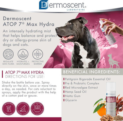 Dermoscent ATOP 7 Max Hydra Spray for Pets | Natural Hydrating Mist with Pre & Probiotic Complex for Dry, Allergy & Atopy-Prone Skin Relieves Skin Dryness & Protects Cutaneous Barrier Non-Greasy