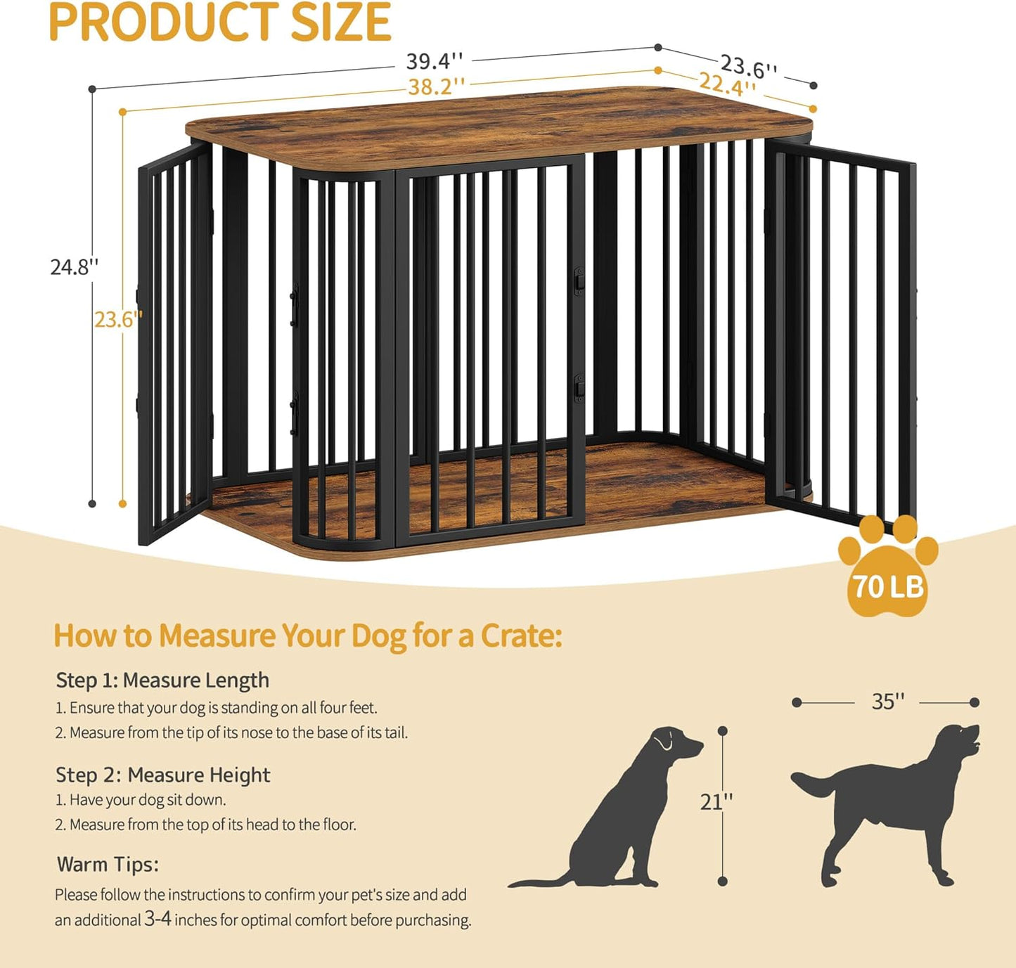 39.4'' Dog Crate Furniture, L Indoor Dog Kennel Dogs Cage, Modern Decorative Pet House for Small/Medium/Large Dogs, Anti-Chew & Anti-Escape, Kennel End Side Table, Rustic Brown DFC88701B