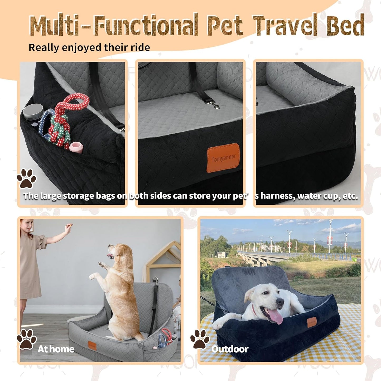 Dog Car Seat for Medium/Large Dogs Under 50 lbs,Contains 4 Inches of Memory Foam Pet Booster Seat with 2 Safety Leashes,Detachable & Washable Car Bed，Multi-Functional Pet Travel Bed with Pockets