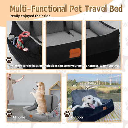 Dog Car Seat for Medium/Large Dogs Under 50 lbs,Contains 4 Inches of Memory Foam Pet Booster Seat with 2 Safety Leashes,Detachable & Washable Car Bed，Multi-Functional Pet Travel Bed with Pockets