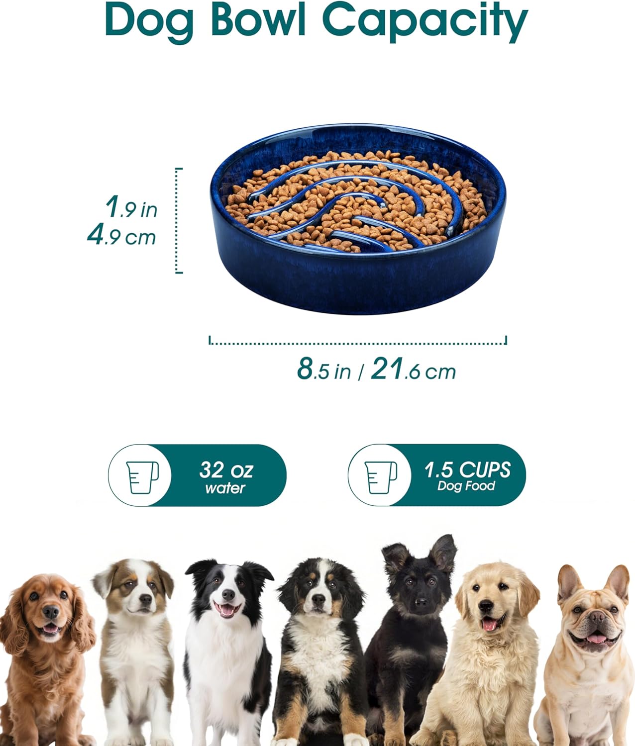 vancasso Slow Feeder Dog Bowl, 1.5 Cup Ceramic Slow Feeding Food Dish for Small and Medium Breed, Puzzle Dog Food Bowl for Fast Eater, Blue
