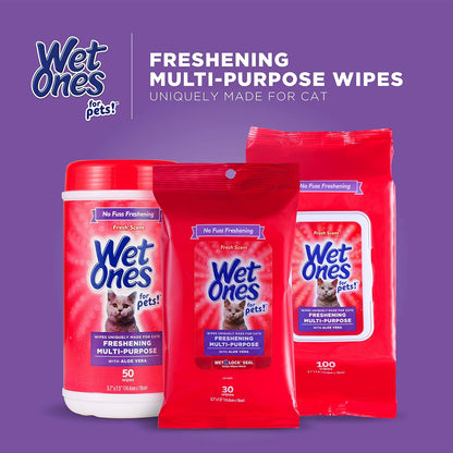 Wet Ones for Pets Freshening Multipurpose Wipes for Cats with Aloe Vera, Fresh Scent - Easy to Use Cat Cleaning Wipes for Pet Grooming in Canister, 50 Count