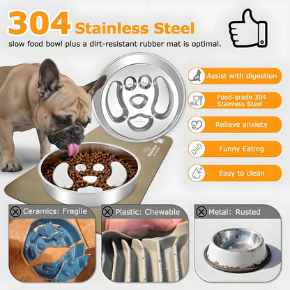 Slow Feeder Dog Bowl with Waterproof & Non-Slip Ultra Absorbent Food Mat(19.68''×11.8''), Non-Slip&Dual-Layer Stainless Steel 2 Cups Capacity Dog Bowl Fast Eaters & Slows Down Pets Essentials Gift