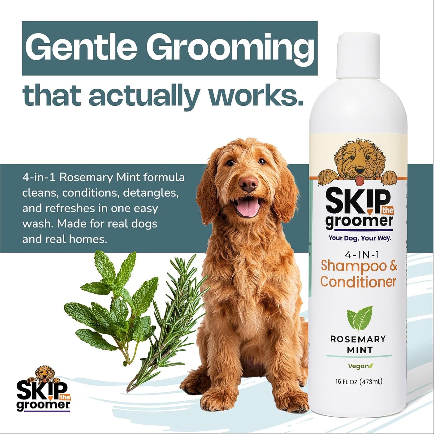 4-in-1 Dog Shampoo & Conditioner, Rosemary Mint, Cleans, Conditions, Detangles & Deodorizes, Natural, Vegan, Gentle Grooming for All Breeds & Coat Types 16 oz, Made in USA